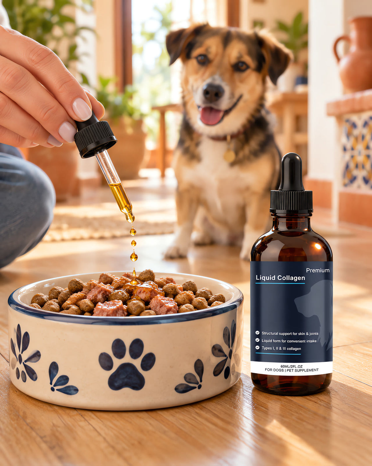 Gotas de DermaVital sobre la comida del perro