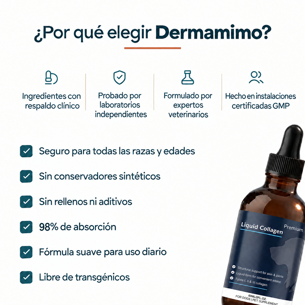 Por qué elegir Dermamimo: seguro para todas las razas y edades, sin conservadores sintéticos, sin rellenos y fórmula suave para uso diario