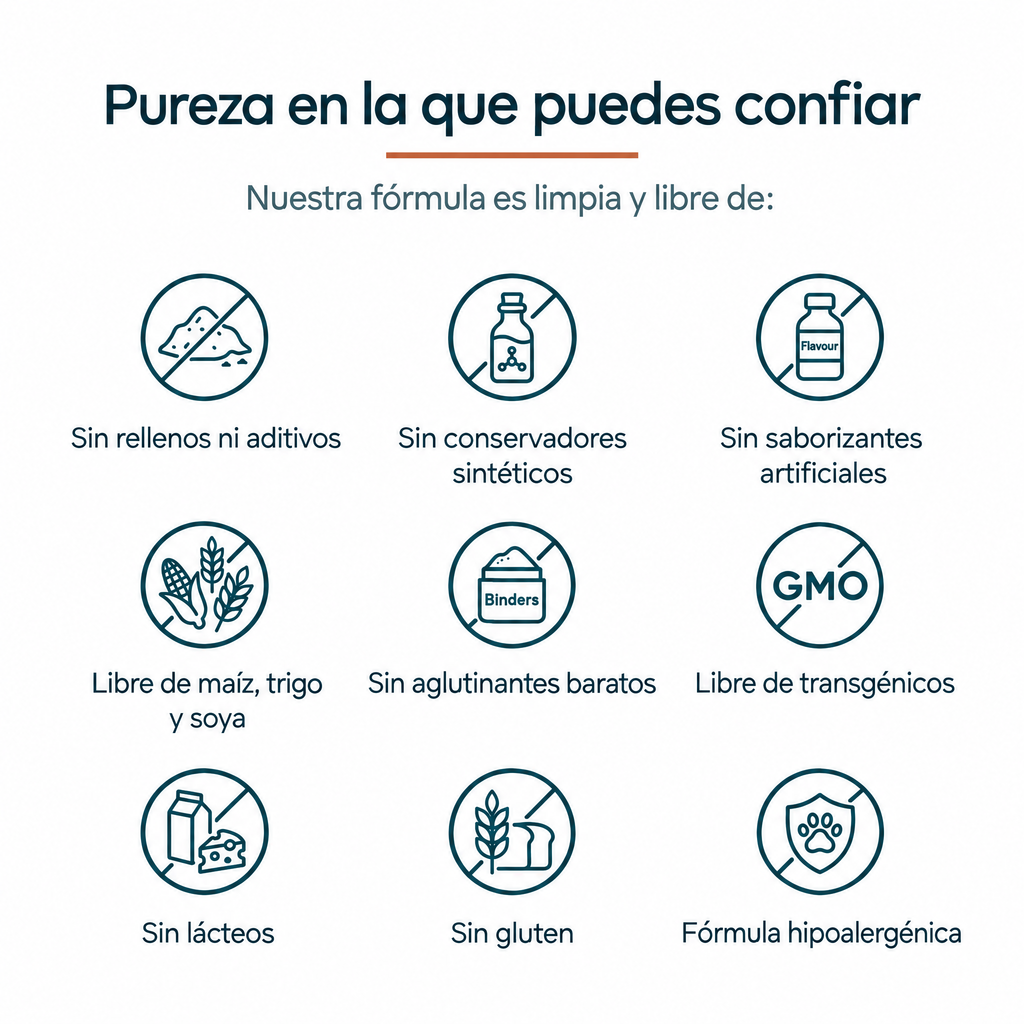 Fórmula limpia: sin rellenos, sin conservadores sintéticos, sin saborizantes artificiales, sin gluten y libre de transgénicos