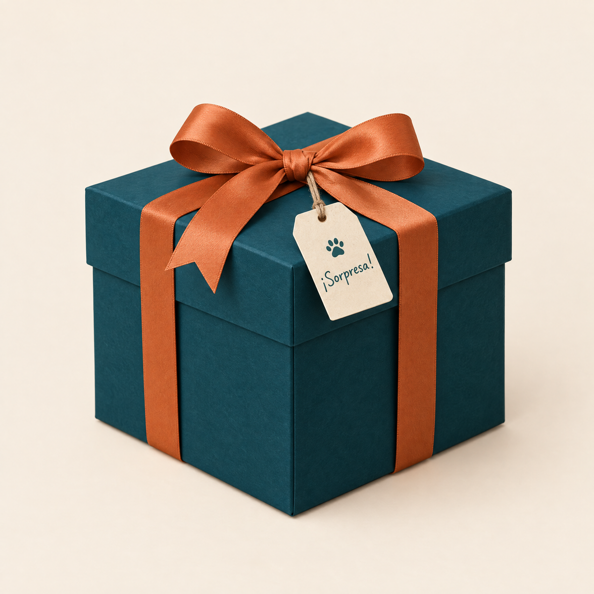 Caja de regalo sorpresa en color petróleo con moño terracota